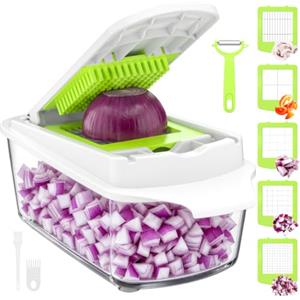 Vihoom Taglia Verdure Multifunzione 12pcs Mandolina per Verdure Manuale Affetta | Tagliaverdure con 5 Lame in Acciaio Inox, Taglia a Cubetti Cucina, Affettatrice & Tritaverdura per Cipolle, Patate e Carote