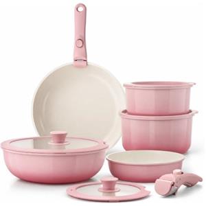 GiPP 11 Pezzi Set di Pentole Antiaderente, Rosa Pesca | Manici Rimovibili, per Camper, Senza Tossine, Compatibile Induzionei, Forno/Lavastoviglie, Comprende padelle, pentole e wok