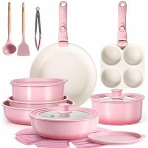 GiPP 21 Pezzi Set di Padelle Antiaderente, Rosa Pesca | Manici Rimovibili, per Camper, Senza Tossine, Compatibile Induzionei, Forno/Lavastoviglie, Comprende padelle, pentole e wok
