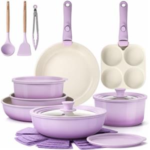 GiPP 21 Pezzi Set di Pentole Antiaderente, Colore Lavanda | Manici Rimovibili, per Camper, Senza Tossine, Compatibile Induzionei, Forno/Lavastoviglie, Comprende padelle, pentole e wok