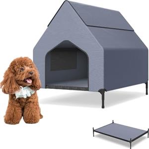 UISEBRT Cuccia per cani 2 in 1 e letto rialzato, coperta, tenda per cani di piccola e media taglia fino a 40 kg, ideale per giardino, 91 x 65,5 x 86,5 cm