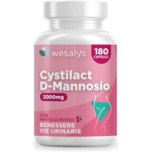 WESALYS D Mannosio Puro 2000mg | Cistite, CYSTILACT® - 180 CAPSULE con Mirtillo Rosso, Probiotici ed Acido ialuronico | per il benessere delle Vie Urinarie | 100% Vegan, Wesalys
