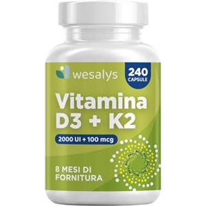 WESALYS Vitamina D3 K2 240 Capsule (8 Mesi), Vitamin D3 2000 UI + 100 µg Vitamina K Menachinone. La Vitamina K Contribuisce al Mantenimento di Ossa Normali (EFSA). Vit Wesalys