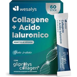 WESALYS Collagene da Bere - Collagene e Acido ialuronico Integratore, 60 Stick con Gliprolys® Collagen liquido Idrolizzato Vegano per Pelle, Capelli, Articolazioni. Con Biotina e Vitamina C. Wesalys