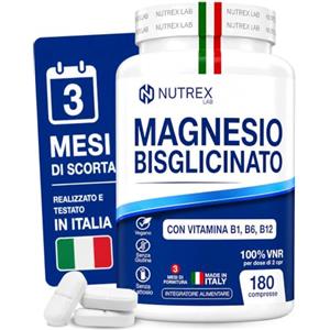 Nutrex Lab Magnesio Bisglicinato 375 mg con Vitamine B1, B6 e B12 - Magnesio Chelato - 180 Compresse, 3 Mesi di Scorta - Vegano, Senza Glutine e Lattosio - Made in Italy