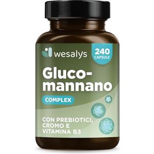 WESALYS GLUCOMANNANO FORTE 4,000 mg per dose giornaliera, 240 capsule, Made in Italy, arricchita con cromo, vitamina B3 e prebiotici; Fibra vegetale, integratore ad alto dosaggio