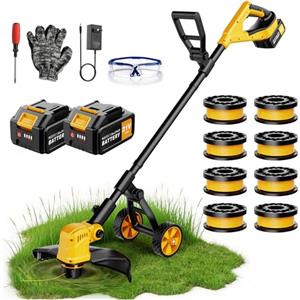 reffmov Decespugliatore a Batteria con Ruota, 36CM Tagliaerba a Batteria con 2 × 3,0 Ah Batteria e Caricatore, Motore Brushless da 800W, 3 in 1 Decespugliatore Elettrico con 8 Bobine di Ricambio per Giardino