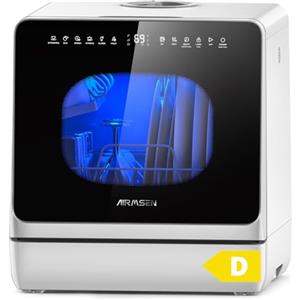 AIRMSEN Mini Lavastoviglie da Tavolo, lavastoviglie portatile da 5L, 8+3 Programmi, Avvio Ritardato 1-18 h, Sistema di Addolcimento e Blocco Bambini