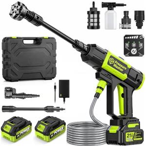 Purova Idropulitrice a Batteria, Pressione max 100 Bar, con 2x 4,0Ah Batteria | Portata max. 400 l/h, Brushless 1000 W, 3 Livelli di Pressione, Adattatore Rubinetto, Filtro di Aspirazione e Tubo da 5 m