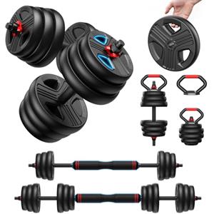 FEIERDUN Set di 2 Manubri Regolabili, 10/15/20/25/30/40 kg, Set di Pesi con Dado Rinforzato, Set di Pesi 5 in 1 Utilizzabile Come Kettlebell, Bilanciere e Supporto per Flessioni