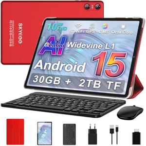 SKYEGG Tablet 10 Pollici Android 15 con Gemini AI, 30GB RAM + Espandibile 2TB ROM, WiFi 5G, BT5.0, Widevine L1, Octa-Core, Fotocamere 8MP/5MP, 6000mAh, con Tastiera, Mouse e Custodia - Rosso Scuro