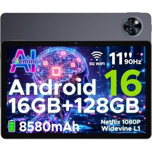 POPUX U11 Android 16 Tablet 11 Pollicl Gemini AI 16GB RAM +128GB ROM (2TB TF) 8580mAh Gaming Tablet Unisoc T7200 Octa-Core 13MP+5MP Tablets PC WIFI 5/ GMS/ WidevineL1/ 3.5mm Audio/GPS/Face ID/OTG,Grigio