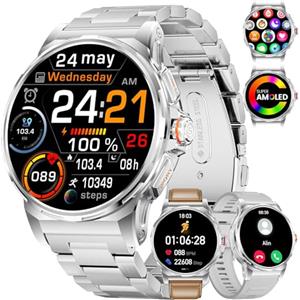 CHOOSETIME Militare Smartwatch Uomo, 1,43" Display AMOLED con Chiamate Bluetooth, 3 Cinturini, Impermeabile IP68, Monitoraggio della Frequenza Cardiaca/Sonno, 120+ Modalità Sportive Android e iOS, Argento