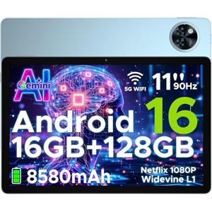POPUX U11 Android 16 Tablet 11 Pollicl Gemini AI 16GB RAM +128GB ROM (2TB TF) 8580mAh Gaming Tablet Unisoc T7200 Octa-Core 13MP+5MP Tablets PC WIFI 5/ GMS/ WidevineL1/ 3.5mm Audio/GPS/Face ID/OTG,Blu