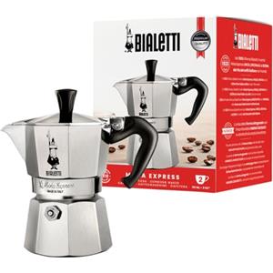 Bialetti Caffettiera Moka Express 2 Tazze, Manico anti scottatura, Non adatta a induzione, (90 ml), Alluminio