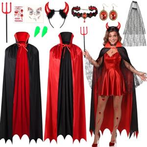 iZoeL Costume Diavolo Donna Vampiro Cosplay, Costume Halloween Carnevale | 8pcs Mantello Reversibile Corna Diavolo Forcone Maniche Orecchini Collana Denti Tatuaggi, Carnevale Halloween Diavolo Vampiro