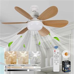 VHV Ventilatore da soffitto con luce e telecomando, ventilatore da soffitto a LED dimmerabile con lampada integrata E27 da 40 W, 6 pale, 3 velocità, silenzioso, per soggiorno, camera da letto