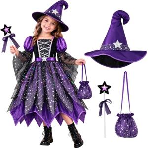 Generic Vestito Halloween Bambina Strega, Costume Da Strega Per Bambina | Set 4 Pezzi Con Vestito Cappello Bacchetta Borsetta Per Halloween Carnevale Spettacolo Festa