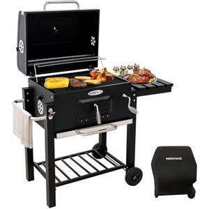 HOMAVO Barbecue a Carbonella, Barbecue con Coperchio, Griglia Piegevole, Superficie di Cottura 56×42,5 cm, Braciere Regolabile in Altezza, Tavolino Laterale Piegevole e Copertura Protettiva Inclusa