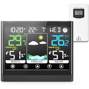jely Stazione Meteo con Sensore Esterno, Previsioni Meteo, Display a Colori | Temperatura, Umidità, 3 Canali, DCF Wireless, Fasi Lunari, Sveglia, Luminosità Regolabile, Adattatore Incluso