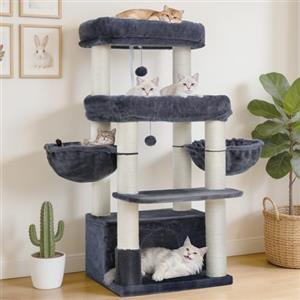 Hey-brother Tiragraffi per Gatti, Colonna sisal 8cm spessa, Cuccia, MPJ02G | 130cm Albero per Gatti, 2 Piattaforme, 2 Ceste, Spazzola per animali, Ideale per gatti taglia grande da interno, Grigio fumo