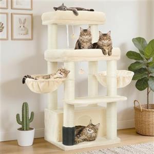 Hey-brother Tiragraffi per Gatti, Colonna sisal 8cm spessa, Cuccia, MPJ02M | 130cm Albero per Gatti, 2 Piattaforme, 2 Ceste, Spazzola per animali, Ideale per gatti taglia grande da interno, Beige