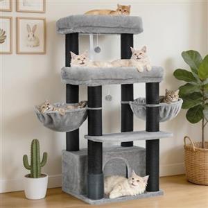 Hey-brother Tiragraffi per Gatti, Colonna sisal 8cm spessa, Cuccia, MPJ02W | 130cm Albero per Gatti, 2 Piattaforme, 2 Ceste, Spazzola per animali, Ideale per gatti taglia grande da interno,Grigio Chiaro