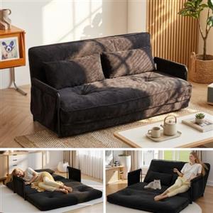 YINIX Divano Letto Pieghevole in Velluto a Coste, Schienale in 5 Posizioni | Divano da Terra 4-in-1 con Braccioli, Tasca Laterale e Cuscino, Ideale per Stanza Studenti, Studentato e Letto Ospiti, Nero