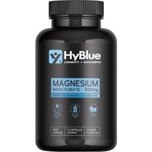 HyBlue Magnesio Bisglicinato Capsule 360, 100mg, 100% Vegano, Fino 6 Mesi | Magnesio Glicinato Capsule Alta Biodisponibilità, Integratore Stanchezza Fisica Mentale, Senza Glutine Ne Lattosio