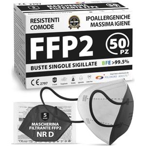Polonord Adeste 50 Mascherine FFP2 nere CertCE | Buste singole sigillate | Sicura: capacità filtrante >99,5% | Certificate CE | Filiera controllata | Anallergiche, con elastici comodi e resistenti