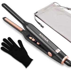 SAOSA Piastra per Capelli Corti a Matita, 0,8 cm Piastra Mini per Capelli con 9 Livelli di Temperatura (90°C-220°C), Doppia Tensione, per Pixie Cut, Frangia, Ricci, Regalo con Astuccio e Guanto