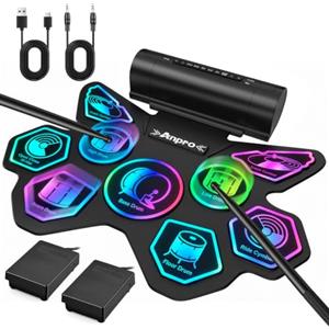 Anpro batteria elettronica bambini portatile, Design luminoso | Altoparlanti integrati, USB/MIDI, batteria 2000mAh, Idea regalo per bambini e principianti