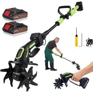 VeftBltrem Motocicletta elettrica senza fili 21 V, motocoltivatore con 2 x 1500 mAh batterie, 1,3 m Binatrice elettrica senza fili, larghezza di lavoro 10 cm, profondità di lavoro 10 cm, per prato/giardino