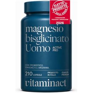 Vitaminact Magnesio Bisglicinato Uomo - Vincitore Prodotto Dell'anno 2026-210 Capsule - 500 MG di Magnesio Chelato a Capsula - Fornitura 7 Mesi - Con Probiotico, L-arginina e Ginseng - Vitaminact