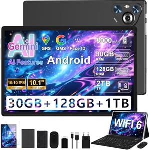 Dghrti Tablet Android, 10 Pollici IPS HD Schermo, 8000mAh, [30GB RAM+128GB ROM] 1TB Espandibile, 8-Core, 5MP+8MP, Corpo in Metallo, Face ID, Widevine L1 - Mouse, Tastiera, Custodia Protettivae-Nero