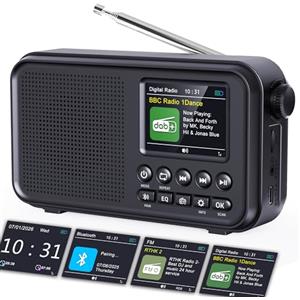 ROCAM Radio Portatile DAB/DAB+/FM con Bluetooth 5.0 & Altoparlante Hi-Fi | 3000mAh Batteria Ricaricabile, 2,4"Display, Doppia Sveglia, 40 DAB/FM Stazioni Preimpostate,12 Lingue,TF Slot per Scheda,Nero