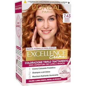 L'Oreal Paris L'Oréal Paris Colorazione Triplo Trattamento Excellence, Con Acido Ialuronico, 100% Copertura Capelli Bianchi, Per Capelli Più Idratati, Biondo Ramato Dorato (7,43)