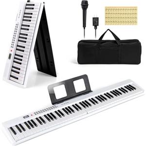 KOMFOTTEU Pianoforte Digitale 88 Tasti Pieghevole, con MIDI Wireless, Altoparlanti Doppii, 1000 Timbri E Ritmi, Tastiera Elettronica Semi-Pesato, Pianola Facile da Trasportare con Borsa (Bianco)