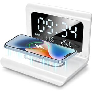 Jaxiyun Sveglia digitale 4 in 1, caricatore wireless, sveglia intelligente con grande display e indicatore della temperatura, sveglia da comodino per camera da letto
