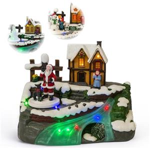 PALUPLUS Villaggio di Natale con Casa Innevata e Ruscello Illuminato, Misura 21x15x15 cm, Giostrina da Tavola con Luci, Musica e Movimento, Decorazioni Natalizie, con Dettagli Assortiti -1813C -0,98