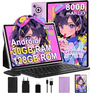 Dghrti Tablet Android, 30GB RAM 128GB ROM(TF 2TB Espandibile), 10 Pollici, 8000mAh, WIFI 5G/ GPS/ BT5.0/ OTG, Face ID, Widevine L1, Tablets Corpo in Metallo con Tastiera, Mouse, Custodia Protettiva -Viola