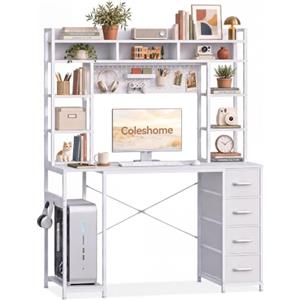 Coleshome Scrivania per Computer con 4 Cassetti Pannello Forato 120x50cm | con Pannello Forato, 4 Cassetti, Mensole e Vano per PC Tower, Telaio in Metallo, Scrivania da Ufficio,Studio e Gaming