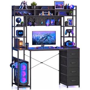 Coleshome Scrivania per Computer 120x50 cm, Scrivania con libreria, Nero | con Pannello Forato, 4 Cassetti, Mensole e Vano per PC Tower, Telaio in Metallo, Scrivania da Ufficio,Studio e Gaming