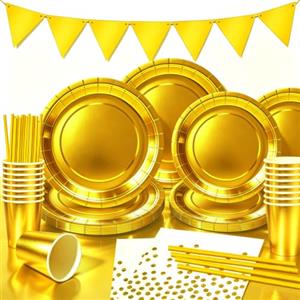 Yidaxing 121pcs Posate Usa e Getta,Piatti Carta,Tovaglioli Bicchieri Paglia | Oro Piatti Usa e Getta,Stoviglie Per Feste Oro,Usato Per Feste, Matrimoni, Anniversari, Compleanni(24ospiti)