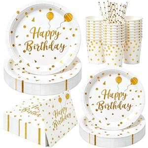 Yidaxing 120pcs Posate Usa e Getta,Piatti Carta,Tovaglioli Bicchieri Paglia | Bianca e Oro Piatti Usa e Getta per Feste Compleanni Matrimoni Anniversari Feste di Laurea, 24 Ospiti