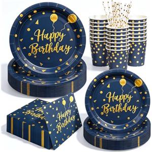 Yidaxing 120pcs Posate Usa e Getta,Piatti Carta,Tovaglioli Bicchieri Paglia | Navy e Oro Piatti Usa e Getta per Ragazzo per Feste Compleanni, Matrimoni Anniversari, Feste di Laurea, 24 Ospiti
