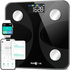 RunStar Bilancia pesapersone e percentuale grasso, Bilancia smart digitale e precisa con ampio display, Analizzatore di 13 dati di composizione corporea, Sync App