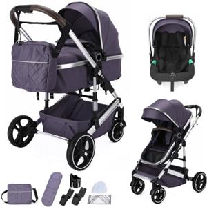 BEBBY Passeggino Trio 3 in 1, Carrozzine Lettini per Bambini e Neonati, Trio Set con Seggiolino, Alluminio Leggero con Piegamento, Funzione Combinata, Adatto da 0-22kg (H9-Purple+Silver, H9)