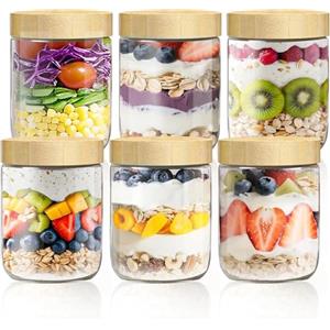 Quuylin 480ML Overnight Oats Jar Confezione da 6 Barattoli | Barattolo di legno con tappo a vite, Contenitore Avena Riutilizzabili,Barattoli vetro per Insalata, Frutta,Marmellata, Spezie
