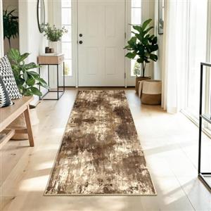 DEFYNEE Tappeto Läufer 60 x 180 cm, antiscivolo, tappeto a pelo corto per cucina, lavabile, pieghevole, design astratto per ingresso, cucina, soggiorno e ufficio, marrone